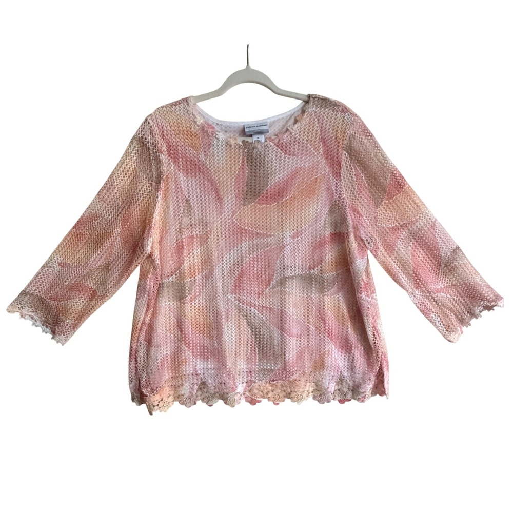 Alfred Dunner Petite Pink Orange Abstract Mesh Lace Trim Blouse Top PL